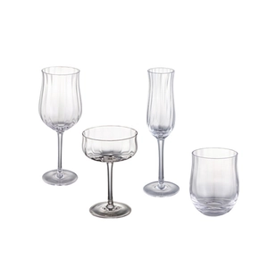 Vertical ribbed tulip crystal glass set featuring wine, cocktail, and juice glasses