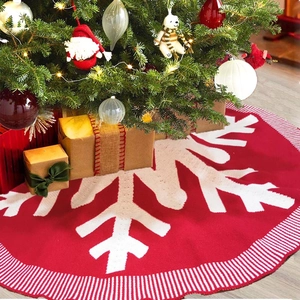 Knitted burgundy Christmas tree skirt 122cm with white snowflake patterns and striped edge