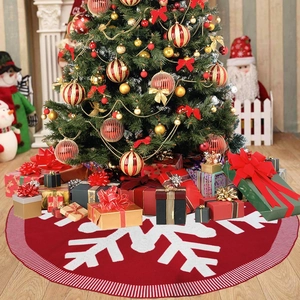 Knitted Christmas Tree Skirt Large Snowflake Pattern Wine Red White Striped Trim Holiday Festive Tree Decoration