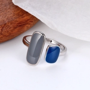 Minimalist S925 sterling silver open ring with blue and grey enamel geometric shapes