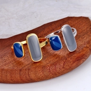 Minimalist S925 sterling silver Double T ring with blue and grey enamel in gold and silver