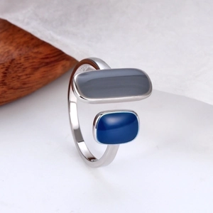 Modern S925 sterling silver open ring with blue and grey rectangular enamel blocks