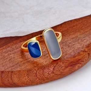 Modern S925 sterling silver geometric open ring with blue and grey enamel accents