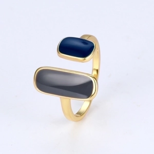 Minimalist S925 sterling silver open ring with blue and grey enamel geometric shapes