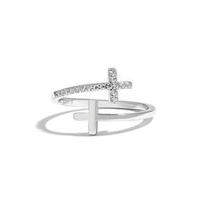 Elegant S925 sterling silver open ring with double cross design and sparkling cubic zirconia