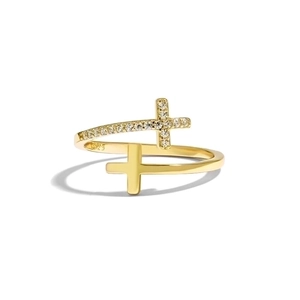Close-up of golden S925 sterling silver ring featuring a double cross design with small diamonds