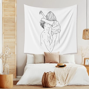 Minimalist black and white line art tapestry featuring a romantic couple for home decor