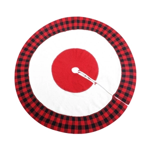 Knitted Christmas tree skirt with red and white circles and red-black buffalo plaid border