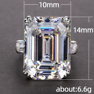 Luxurious emerald cut rectangular zircon ring with side stones in silver-tone setting