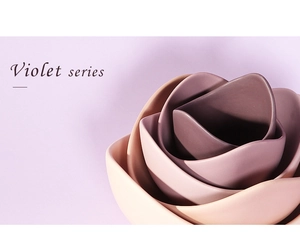 Macro detail of Morandi violet lotus ceramic bowls with matte finish and petal edges