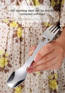 Macro shot of a 5-in-1 stainless steel spork featuring integrated bottle opener and fork tines