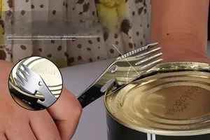 Detail of 5-in-1 stainless steel camping utensil showing the 30-degree can opener function