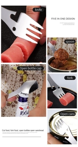 Close-up detail of 5-in-1 stainless steel camping cutlery featuring fork spoon and opener