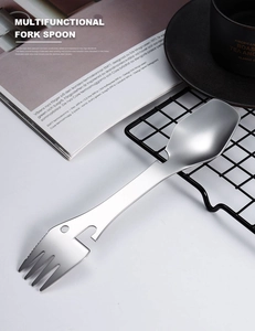 Detailed macro shot of 5-in-1 stainless steel spork with integrated bottle opener