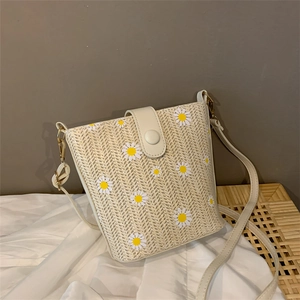 Straw Woven Bucket Bag Small Daisy Flower Print PU Leather Trim Crossbody Shoulder Bag Summer Beach Casual Style For Women