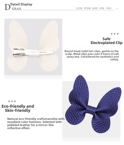 Close-up of litchi grain leather butterfly hair clips with durable metal duckbill clips