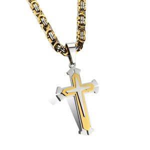 Cross Pendant Necklace Men Two-Tone Gold Silver Stainless Steel Hip Hop Punk Style Byzantine Chain Jewelry Accessory