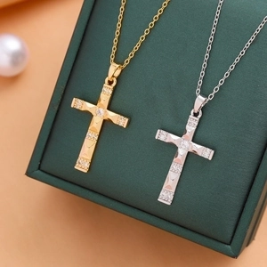 Chic titanium steel cross necklace with micro-pave zircons in gold and silver finish