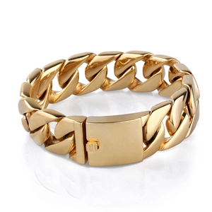 Polished gold stainless steel Cuban chain bracelet for men with secure square box clasp