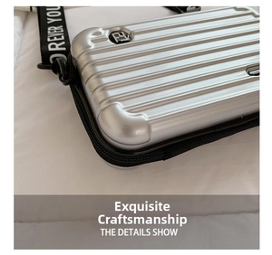 Detailed macro view of silver mini suitcase bag with hardshell texture and logo
