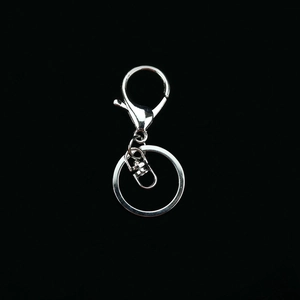 Close-up of polished silver lobster clasp and key ring hardware on a black background