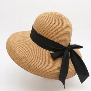 Women Wide Brim Straw Hat Paper Sun Protection Foldable Summer Beach Ribbon Bow Elegant Breathable