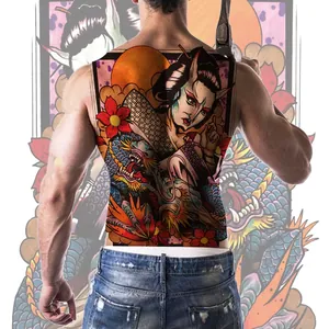 Detail of full back temporary tattoo featuring Japanese Geisha and Blue Dragon artwork
