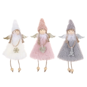 Three plush Christmas angel ornaments with glitter wings in white, pink, and grey shades