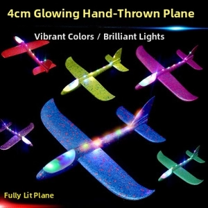 Detail showing colorful 48cm LED foam glider planes with glowing lights in various colors