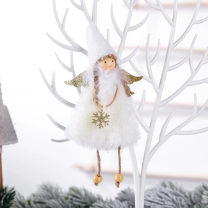 Plush Christmas angel tree ornament with golden wings and wooden beads hanging on a white branch