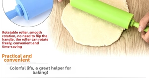 Detail of a non-stick silicone rolling pin with a rotating handle for baking and dough