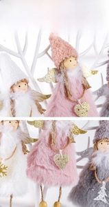 Close-up of plush Christmas angel ornaments with knit hats and glittering wings
