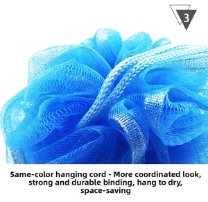 Macro detail of soft blue bath sponge mesh texture with matching hanging rope