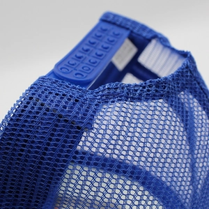 Blue trucker hat with breathable mesh back and adjustable snapback closure for men and women