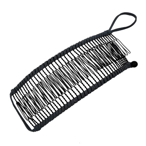 Close-up of black flexible banana hair clip with wavy wire texture and elastic loop
