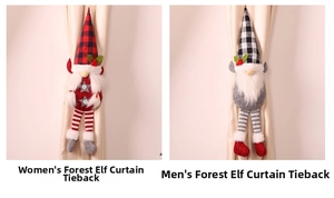 Close-up of handmade Christmas gnome curtain buckles in red and black plaid fabric