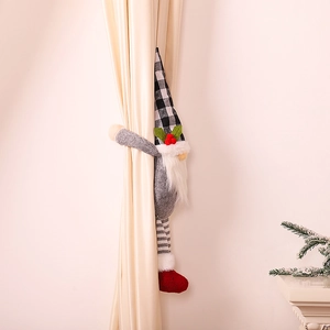 Nordic Christmas gnome curtain tieback with plaid hat on silk curtains, cozy holiday decor