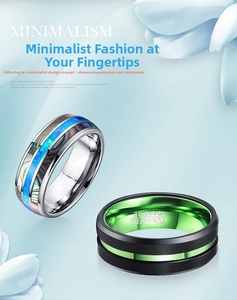 Detailed macro view of black brushed tungsten carbide ring with green inner band plating