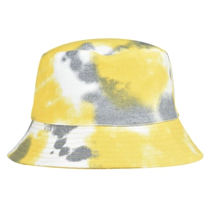 Close-up of tie-dye bucket hat with yellow and grey patterns and reinforced stitching