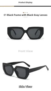 Front and side details of large square black frame sunglasses with dark grey lenses