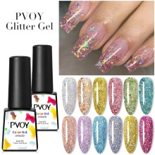 Macro detail of 7.5ml glitter nail polish bottles showing sparkling UV LED gel effects