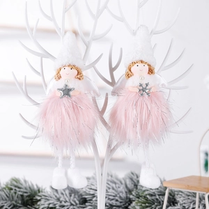 Pink and white plush Christmas angel ornaments with stars and snowflakes on a white branch
