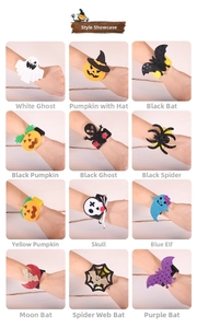 Detailed grid showing twelve styles of Halloween slap bracelets with sequins and felt motifs