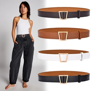 Detail view of woven wax cord belts with trapezoidal buckles in black, brown, and white