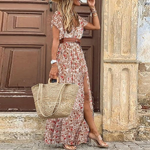 Bohemian floral maxi dress with V-neck, short sleeves and brown leather belt