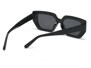 Detailed back view of black chunky square sunglasses with polished frame and hinge