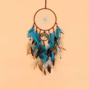 Handcrafted Tree of Life dreamcatcher with turquoise beads and hanging feathers