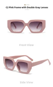 Detail of trendy thick pink square frames and grey gradient lenses on these sunglasses