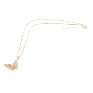Gold butterfly necklace with colorful zircon stones on a clean white background