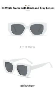 Front and side view of white large square sunglasses with dark grey lenses